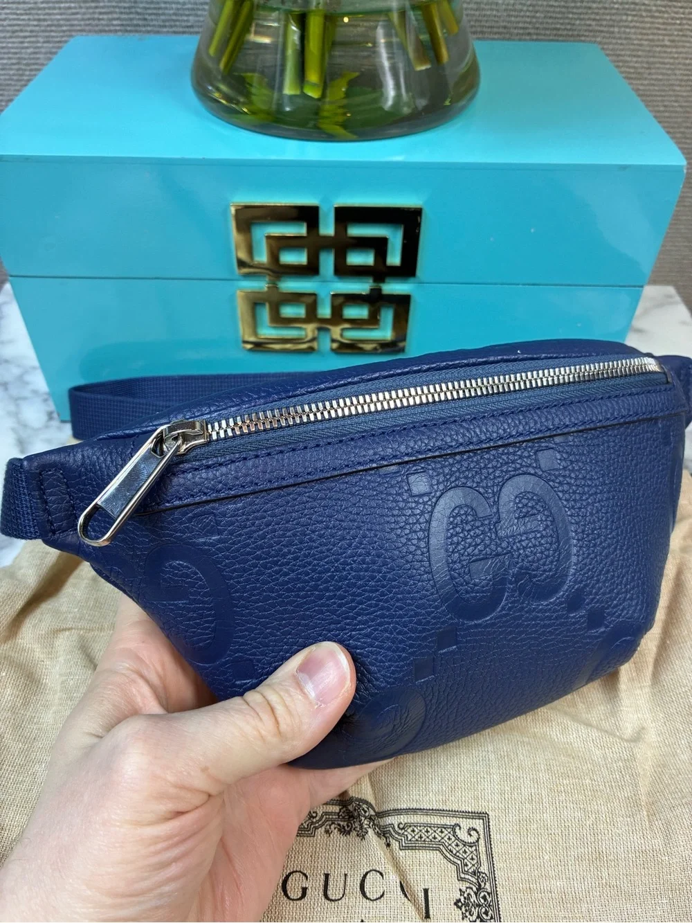 Gucci Jumbo GG Blue Leather Small Belt Bag Size 90cm - NWT Authentic - Picture 3 of 12